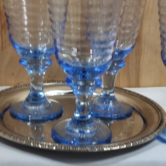 4 Libbey Sirrus Blue Wine Glasses 7" water Goblets vintage horizontal rings - Picture 3 of 7